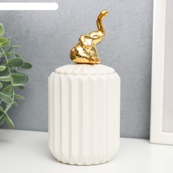 Шкатулка керамика Золотой слонёнок белая, гофре 16х7х7 см